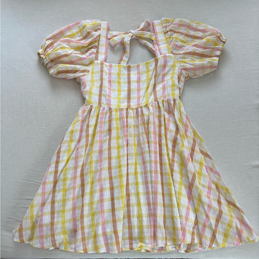 Plaid Puff Sleeve Mini Dress in Pink and Yellow